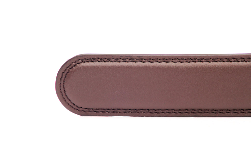 Men's leather belt strap in chocolate with a 1.25-inch width, formal look, tip of the strap