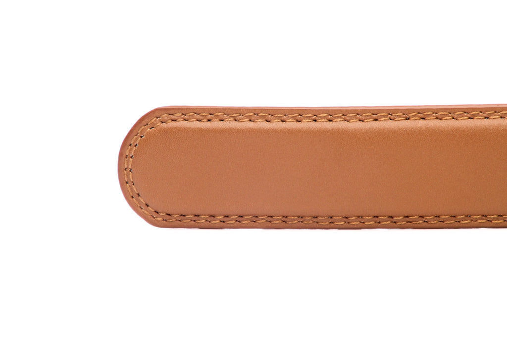 Men's leather belt strap in light brown with a 1.25-inch width, formal look, tip of the strap