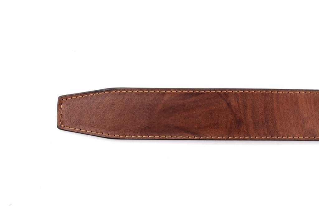 Men's leather belt strap in marbled tan buffalo vegetable tanned, 1.5 inches wide, formal look, tip of the strap