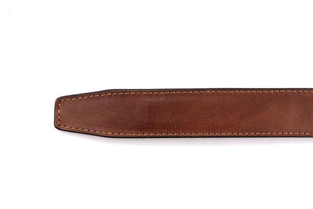 Men's leather belt strap in marbled tan vegetable tanned with a 1.25-inch width, formal look, tip of the strap