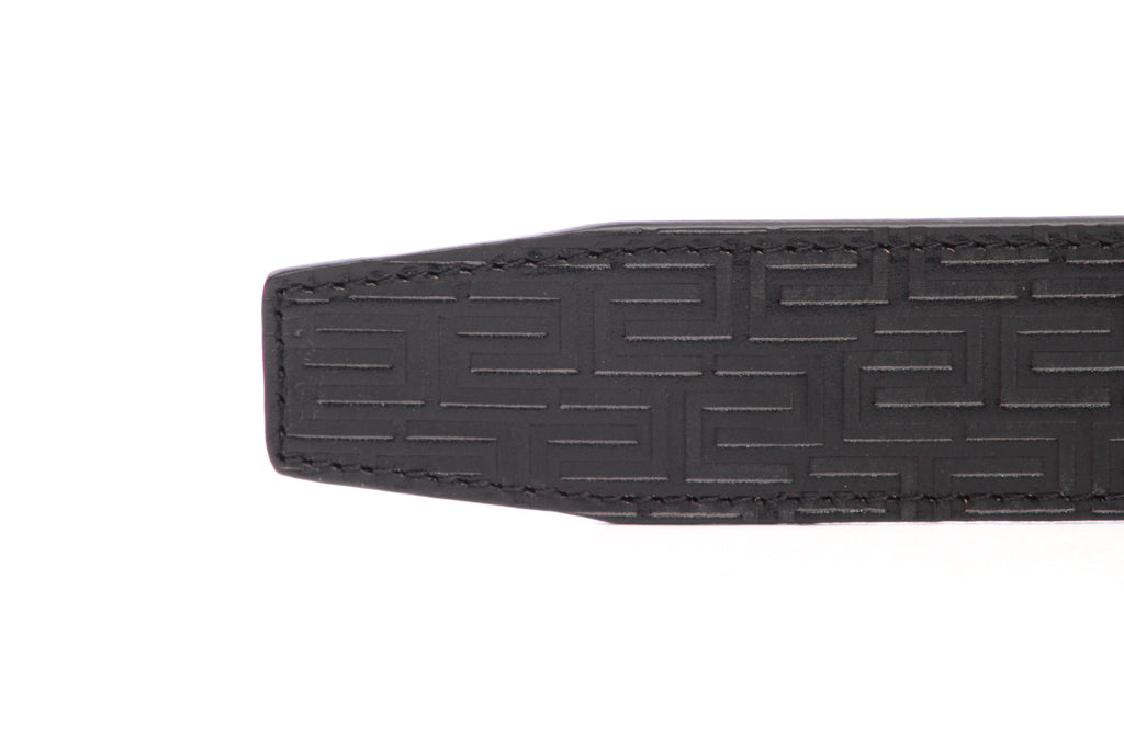 Men's leather belt strap in signature black vegetable tanned, 1.5 inches wide, casual look, tip of the strap