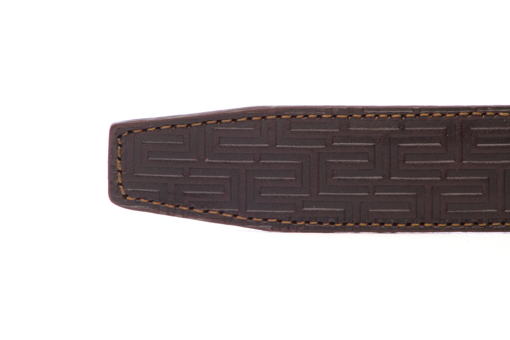 Men's leather belt strap in signature chocolate vegetable tanned with a 1.25-inch width, casual look, tip of the strap