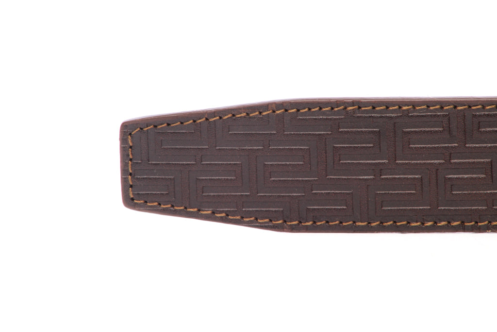 Men's leather belt strap in signature chocolate vegetable tanned, 1.5 inches wide, casual look, tip of the strap