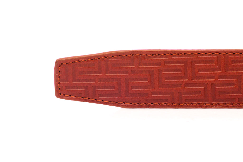 Men's leather belt strap in signature saddle tan vegetable tanned with a 1.25-inch width, casual look, tip of the strap