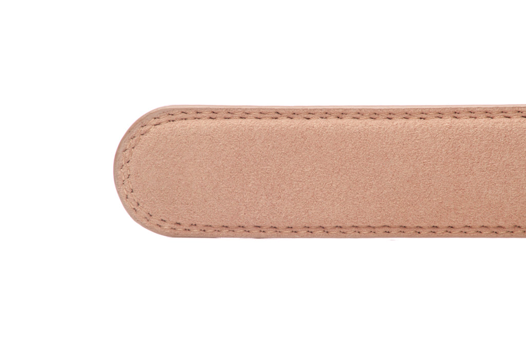 Men's micro-suede belt strap in beige with a 1.25-inch width, formal look, tip of the strap