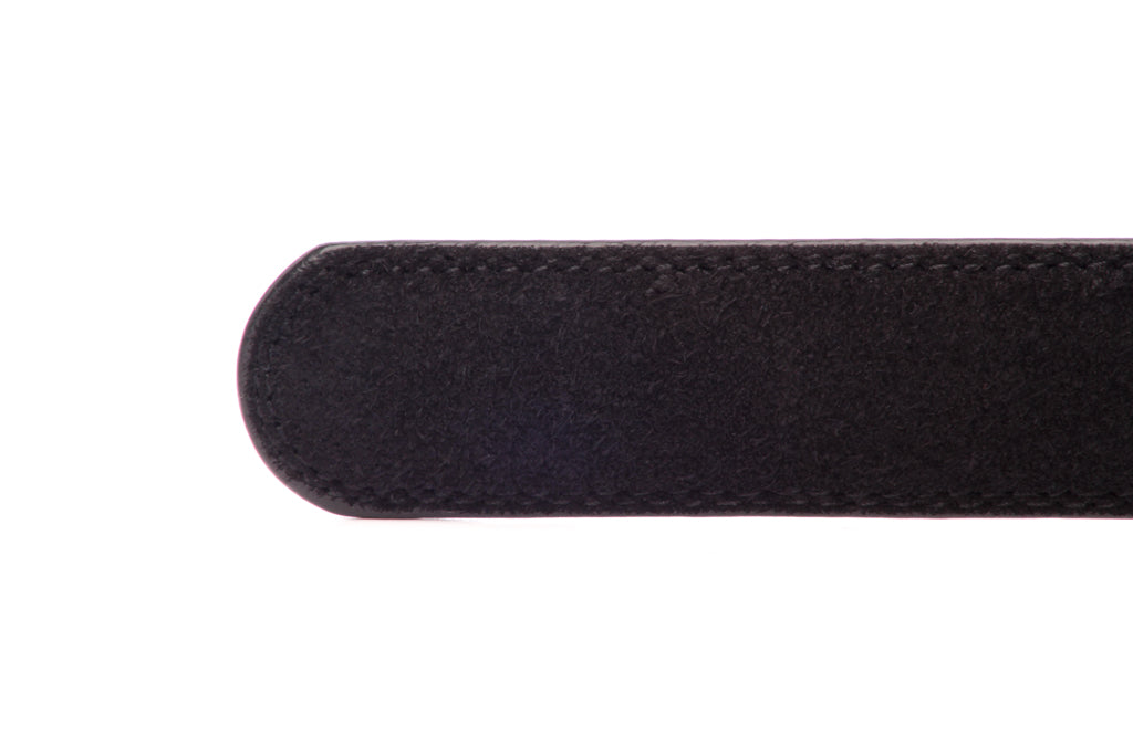 Men's micro-suede belt strap in black with a 1.25-inch width, formal look, tip of the strap