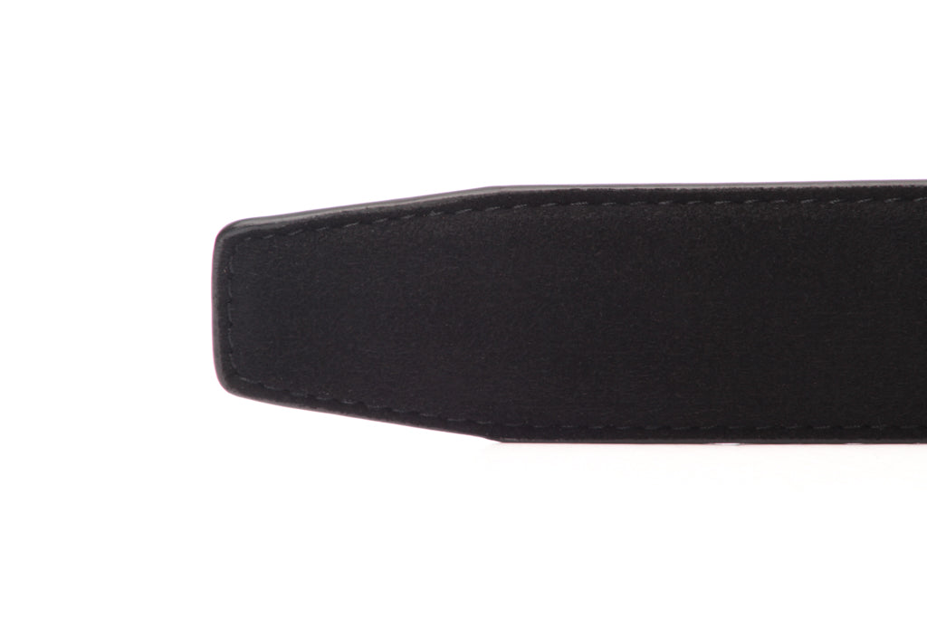 Men's micro-suede belt strap in black, 1.5 inches wide, formal look, tip of the strap