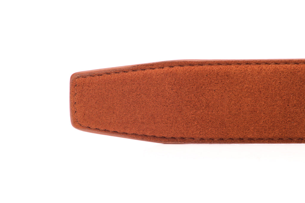 Men's micro-suede belt strap in cognac, 1.5 inches wide, formal look, tip of the strap