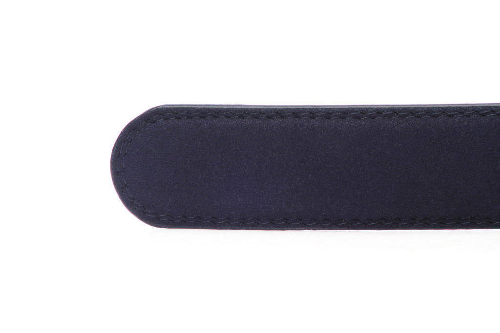 Men's micro-suede belt strap in navy with a 1.25-inch width, formal look, tip of the strap