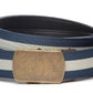 Men’s navy with white stripe cloth belt strap and classic buckle in antiqued gold with a curve, casual look, 1.5 inches wide