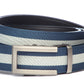 Men’s navy with white stripe cloth belt strap and traditional buckle in gunmetal, casual look, 1.5 inches wide