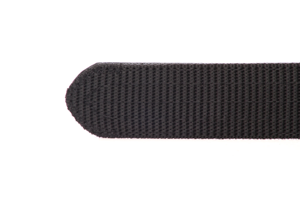 Men's nylon belt strap in black with a 1.25-inch width, casual look, tip of the strap