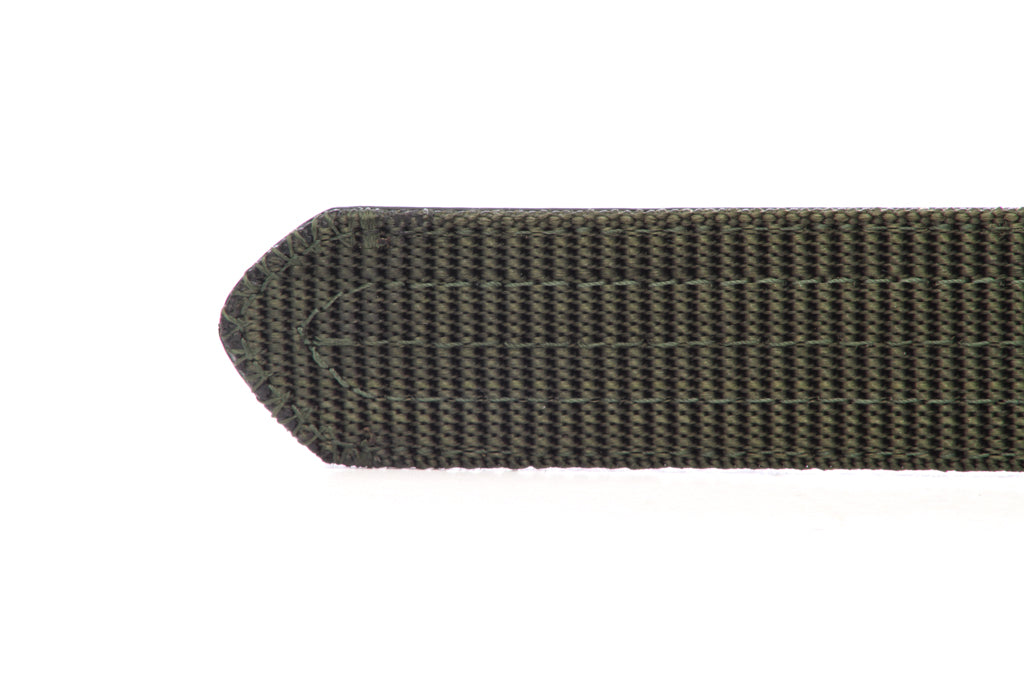 Men's nylon belt strap in olive drab with a 1.25-inch width, casual look, tip of the strap