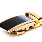 Men's onyx ratchet belt buckle in gold with a width of 1.5 inches.
