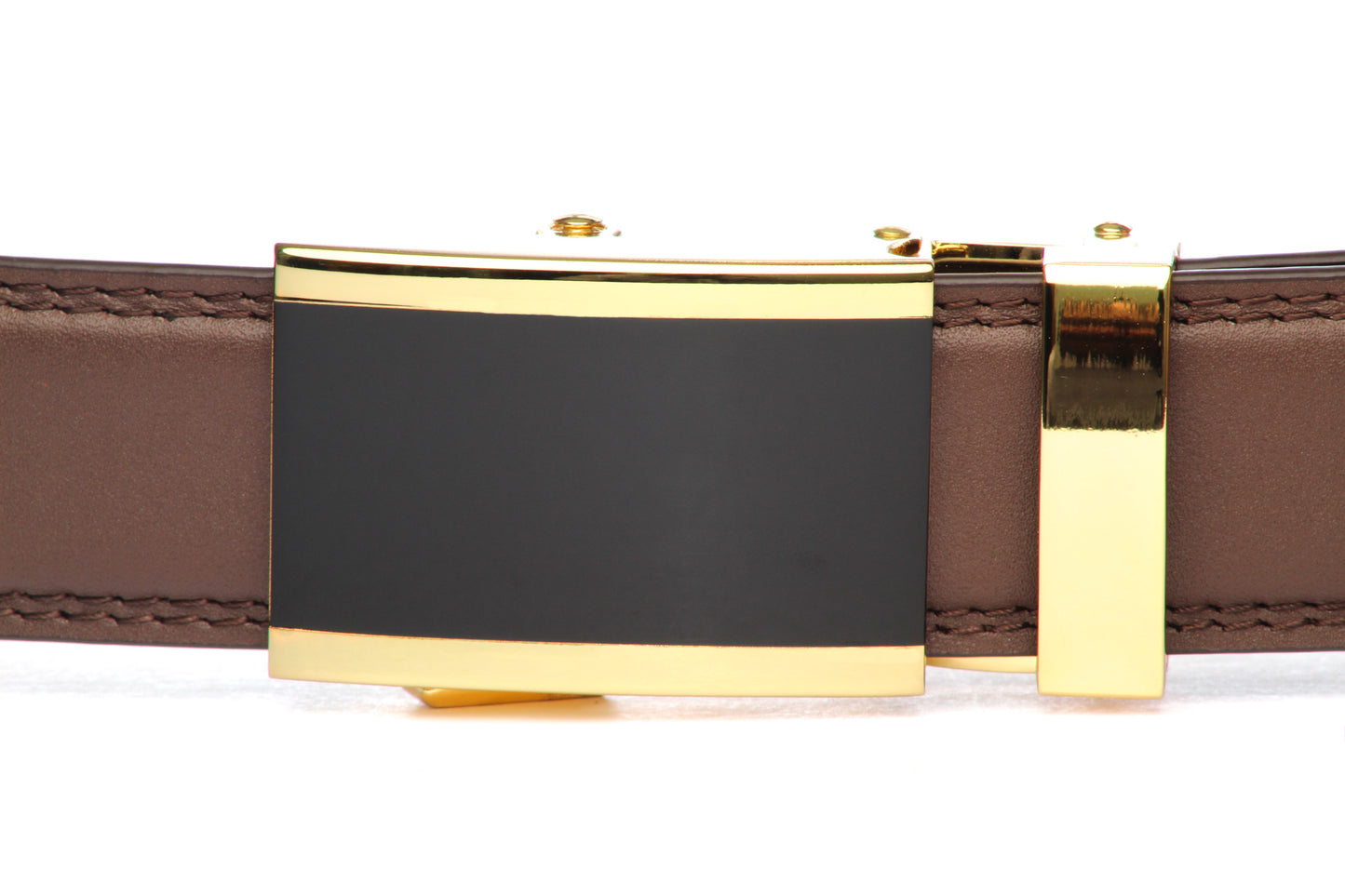 Men's onyx ratchet belt buckle in gold with a 1.25-inch width, front view.