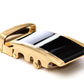 Men's onyx ratchet belt buckle in gold with a width of 1.5 inches, right side view.