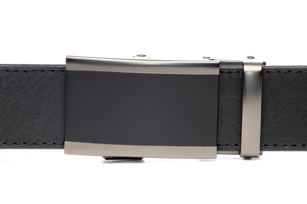 Men's onyx ratchet belt buckle in matte gunmetal with a width of 1.5 inches, front view.