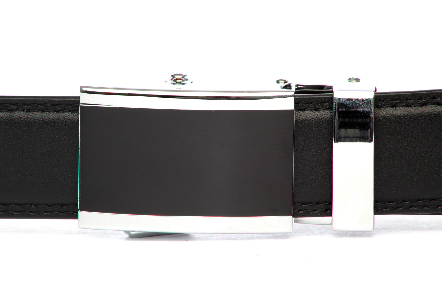 Men's onyx ratchet belt buckle in silver with a 1.25-inch width, front view.