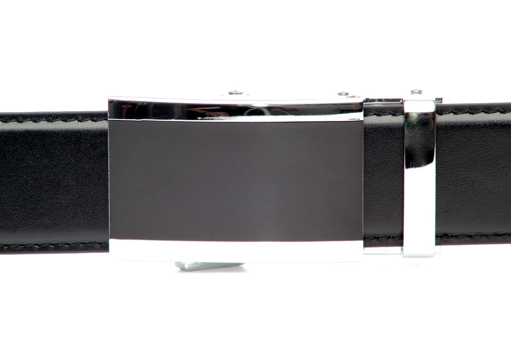 Men's onyx ratchet belt buckle in silver with a width of 1.5 inches, front view.