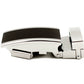 Men's onyx ratchet belt buckle in silver with a 1.25-inch width, left side view.