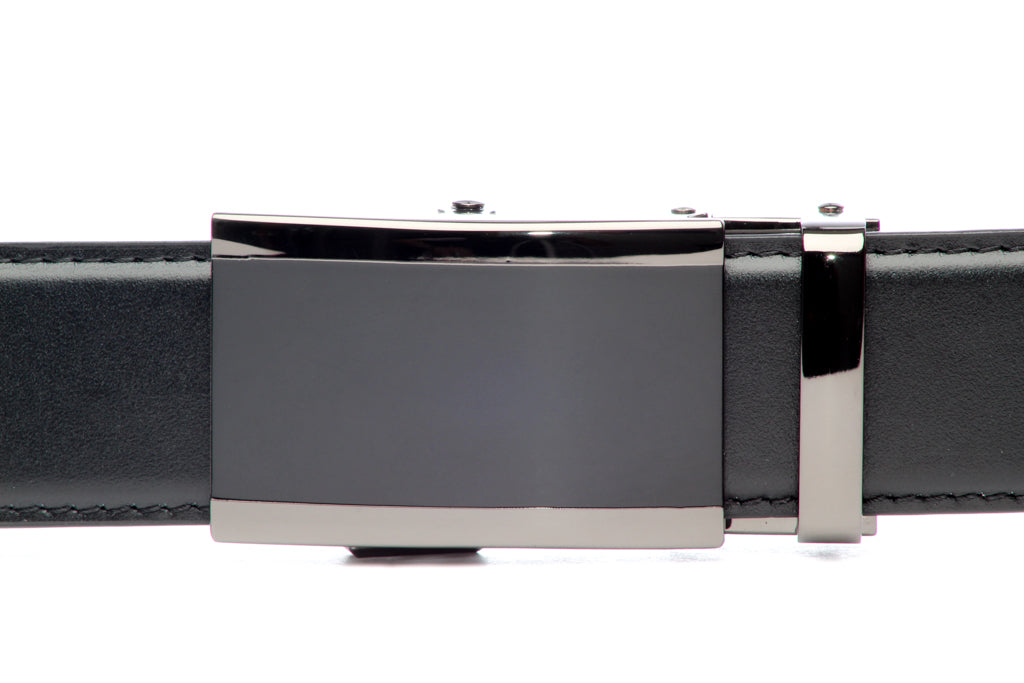 Men's onyx ratchet belt buckle in smoked gunmetal with a width of 1.5 inches, front view.