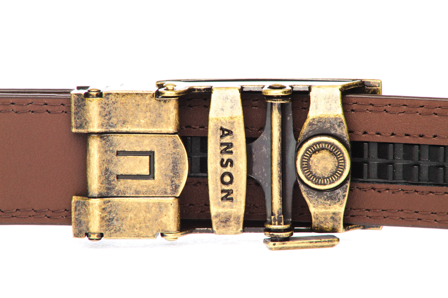 Men's traditional ratchet belt buckle in antiqued gold with a 1.25-inch width, back view.