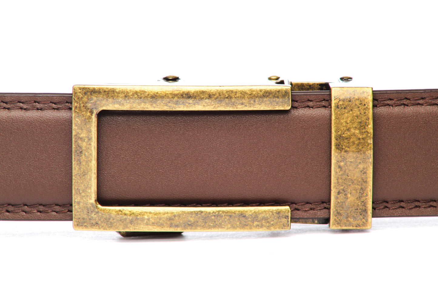 Men's traditional ratchet belt buckle in antiqued gold with a 1.25-inch width, front view.