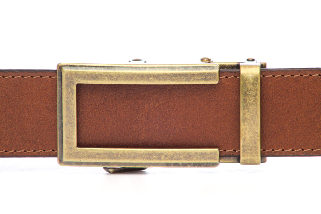 Men's traditional ratchet belt buckle in antiqued gold with a width of 1.5 inches, front view.