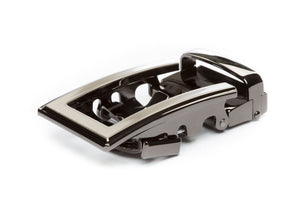 Men's traditional ratchet belt buckle in formal gunmetal with a width of 1.5 inches.