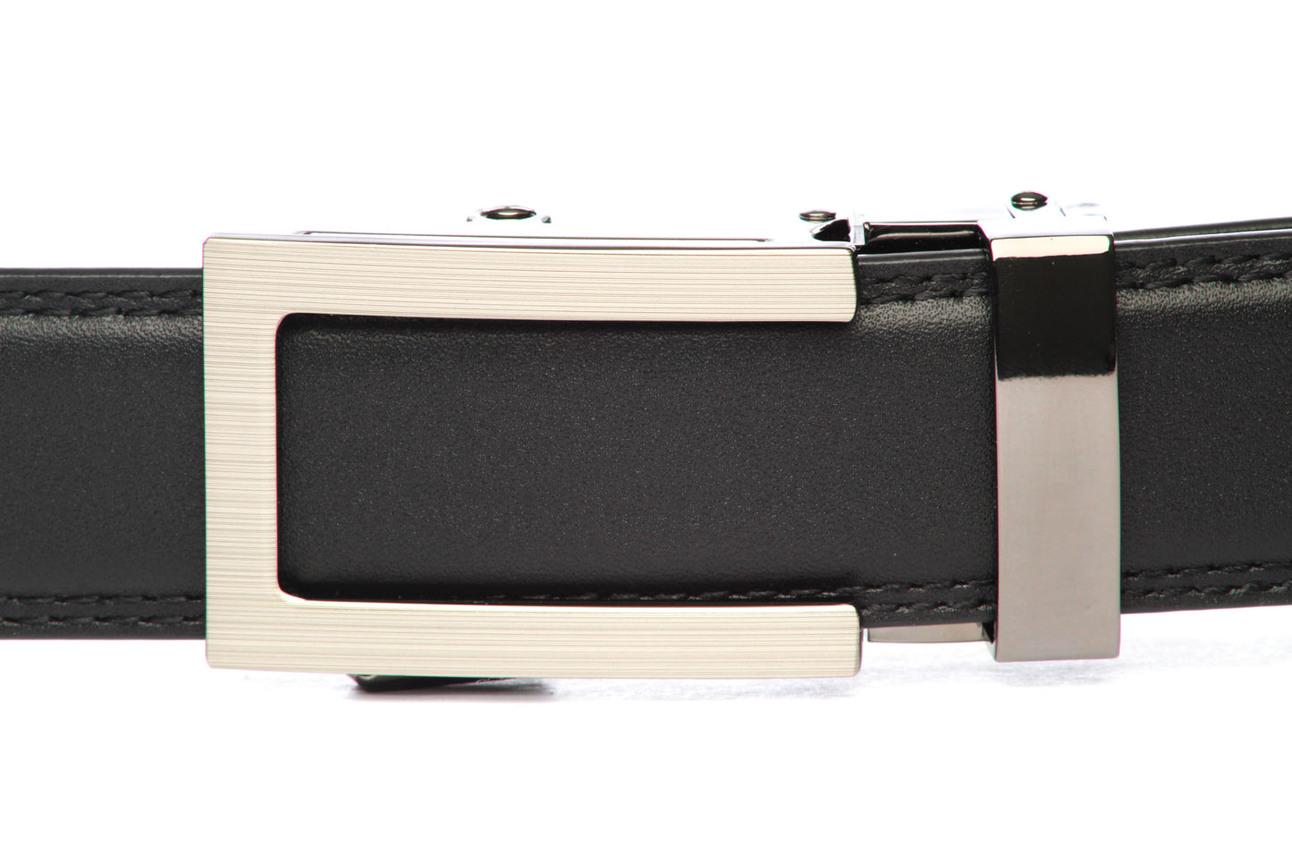 Men's traditional ratchet belt buckle in formal gunmetal with a 1.25-inch width, front view.