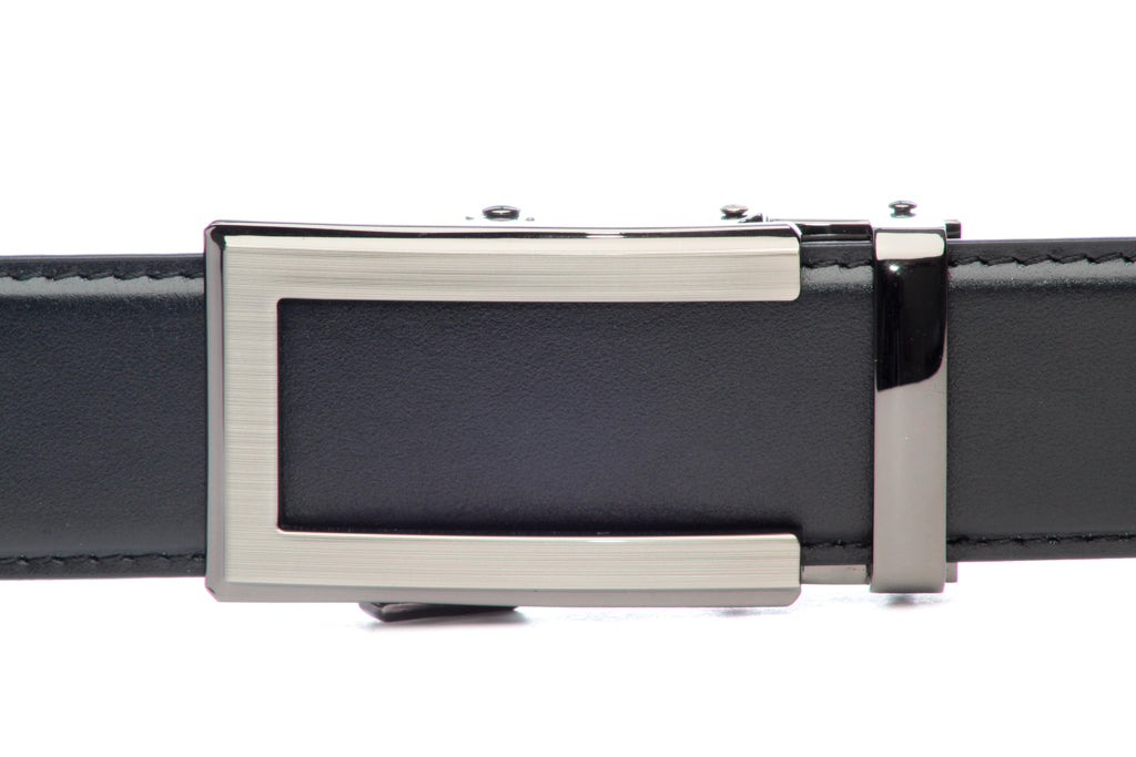 Men's traditional ratchet belt buckle in formal gunmetal with a width of 1.5 inches, front view.