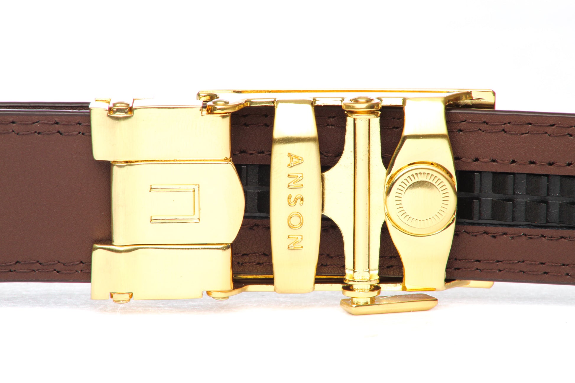Men's traditional ratchet belt buckle in gold with a 1.25-inch width, back view.