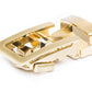 Men's traditional ratchet belt buckle in gold with a 1.25-inch width, oblique view.
