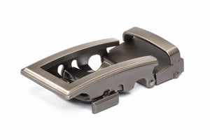 Men's traditional ratchet belt buckle in gunmetal with a width of 1.5 inches.