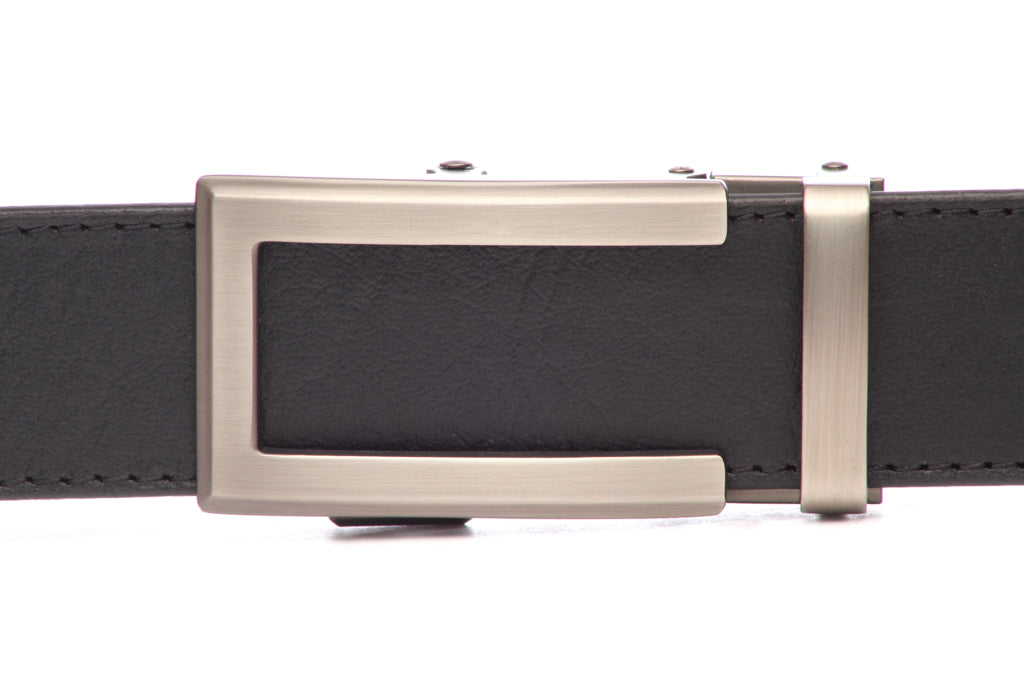 Men's traditional ratchet belt buckle in gunmetal with a width of 1.5 inches, front view.