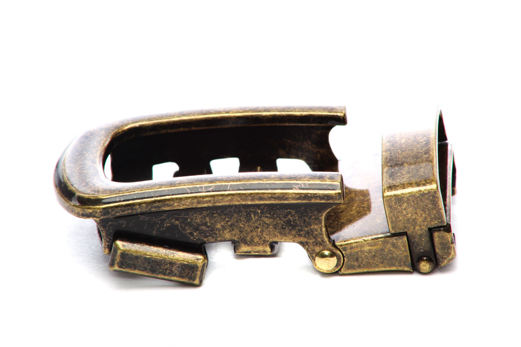 Men's traditional with a curve ratchet belt buckle in antiqued gold with a 1.25-inch width, left side view.