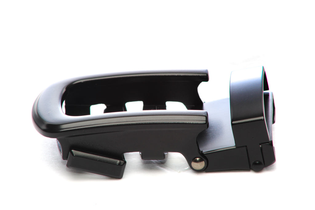 Men's traditional with a curve ratchet belt buckle in black with a 1.25-inch width, left side view.