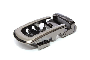 Men's traditional with a curve ratchet belt buckle in formal gunmetal with a width of 1.5 inches.