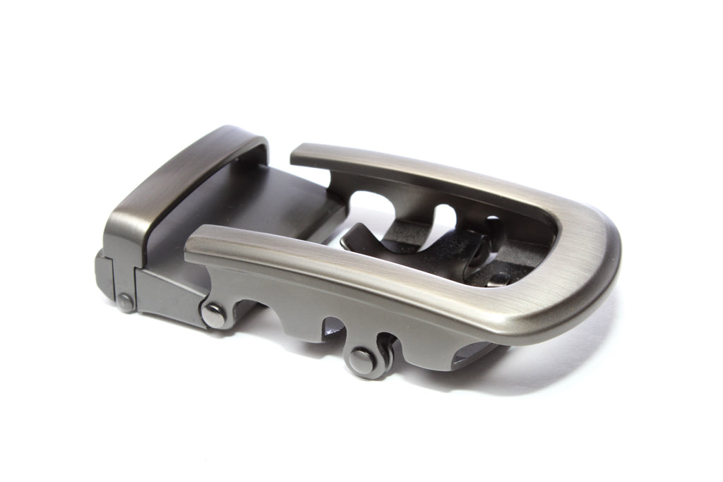 Men's traditional with a curve ratchet belt buckle in gunmetal with a width of 1.5 inches, right side view.