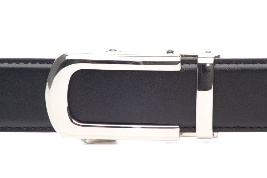 Men's traditional with a curve nickel free ratchet belt buckle with a width of 1.5 inches, front view.