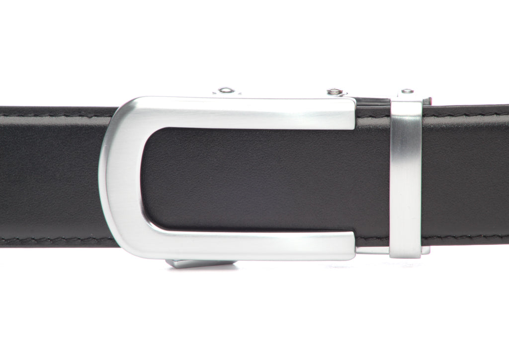 Men's traditional with a curve ratchet belt buckle in silver with a width of 1.5 inches, front view.