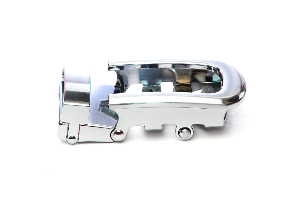 Men's traditional with a curve ratchet belt buckle in silver with a 1.25-inch width, right view.