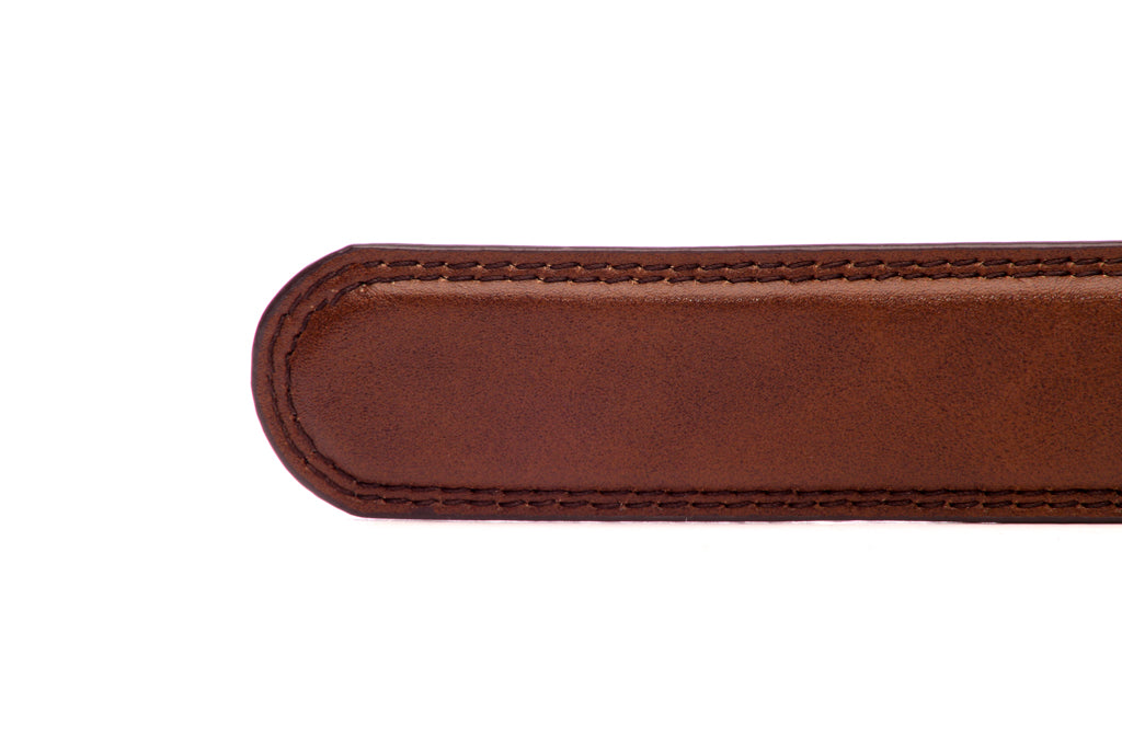 Men's vegan microfiber belt strap in acorn with a 1.25-inch width, formal look, tip of the strap