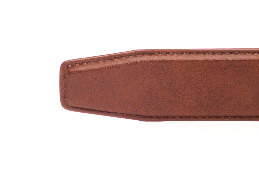 Men's vegan microfiber belt strap in acorn, 1.5 inches wide, formal look, tip of the strap