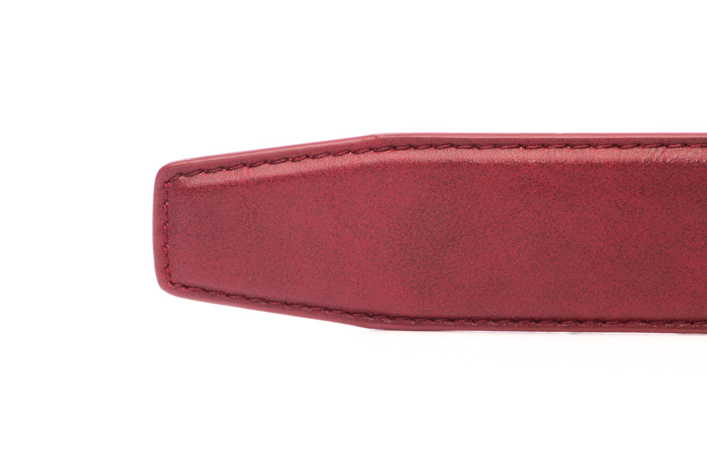 Men's vegan microfiber belt strap in cranberry, 1.5 inches wide, formal look, tip of the strap
