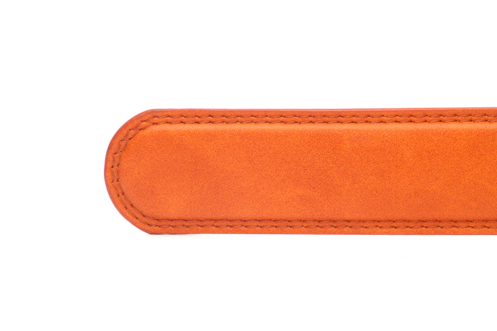 Men's vegan microfiber belt strap in saddle tan with a 1.25-inch width, formal look, tip of the strap