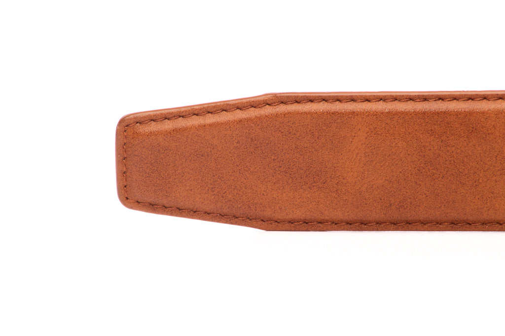 Men's vegan microfiber belt strap in whiskey, 1.5 inches wide, formal look, tip of the strap