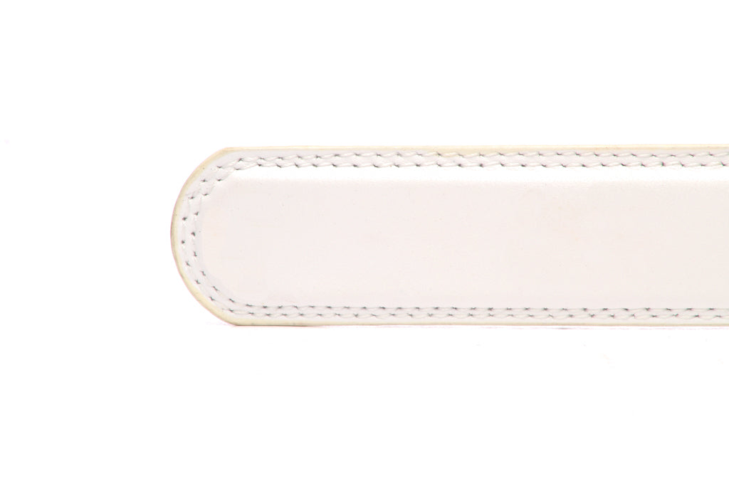 Men's vegan microfiber belt strap in white with a 1.25-inch width, formal look, tip of the strap