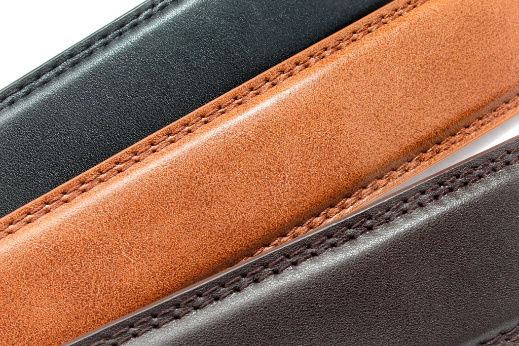 “The Executive” Anson Belt set, formal look, 1.25 inches wide, stitching close up of all 3 straps