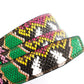 Women's vegan leather belt strap in multi-colored boa print, green and light pink, 1.25 inches wide, casual look, full roll, slanted view